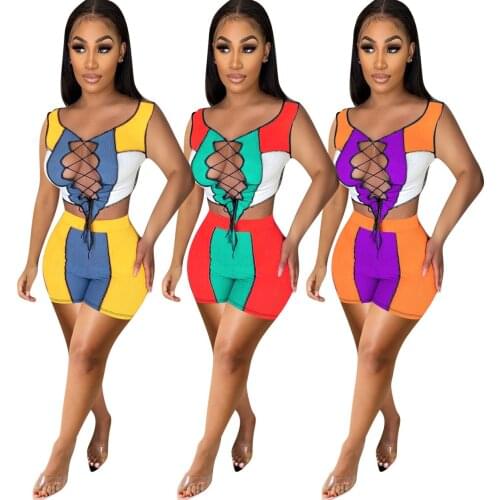 Adogirl Ribbed Color Patchwork Two Piece Set Woman Sleeveless Criss-cross Crop And Shorts Fitness Sportsuit Outfits Plus Size