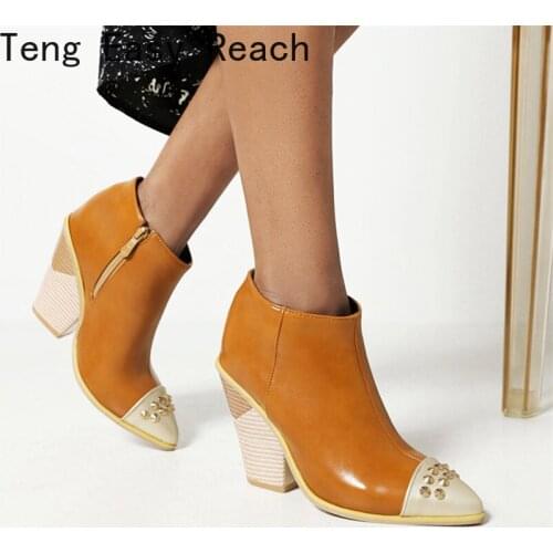 2022 Women Ankle Boots Women Pu Leather Wedges High Heels Western Boots Pointed Toe Zipper Fashion Autumn Winter Womens Shoes