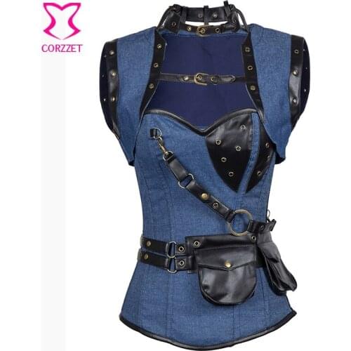 Burlesque Blue Denim Overbust Steampunk Corset Gothic Clothing Korsett For Women Sexy Corsets and Bustiers Steel Boned Corselet
