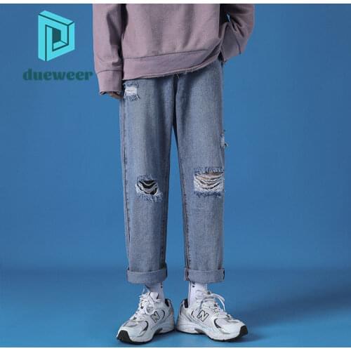 DUEWEER Mens Ripped Jeans Spring Summer Holes Baggy Straight Cropped Trousers Jeans Men Casual Wide Leg Harajuku Denim Pants