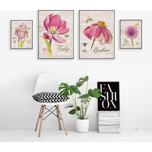Cotton no frame pastoral pink flowers plant canvas printings oil painting printed on cotton cafe wall art decoration pictures