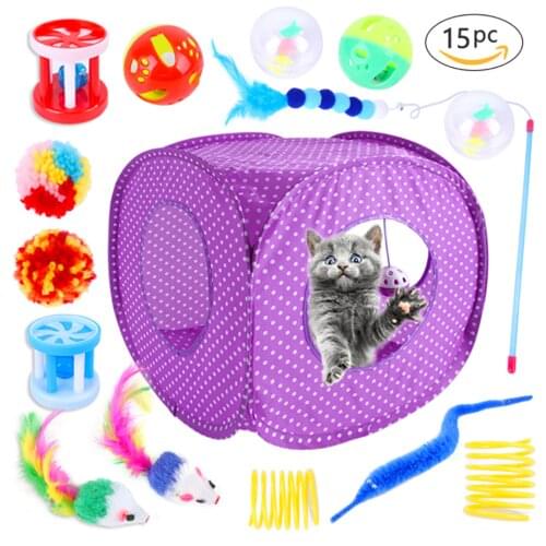 Cat Toys Kitten Toy Tunnel 15PCS Indoor Interactive Toy Collapsible Tunnel Fluffy Mouse Crinkle Balls Spring Toy for Cats
