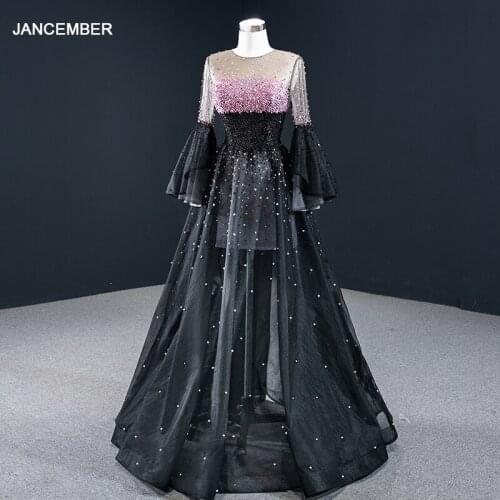 J67155 Simple Elegant Long Sleeve Pink Rhinestone Black Evening Dress 2020 Lace Up Back A-Line Floor-Lenght فستان سهره طويل