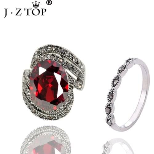 JZTOP Brand Vintage Red Gem Set Rings For Women Joint Ring Ladies Index Ring Female Luxury Retro Gift Jewelry 2PCS/SET