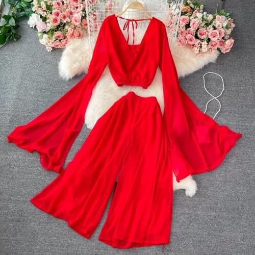 Fashion Summer Women Seaside Holiday Suit Sexy V-neck Top And Wide Leg Pants New 2021 Female Solid Casual Chiffon Two Piece Set