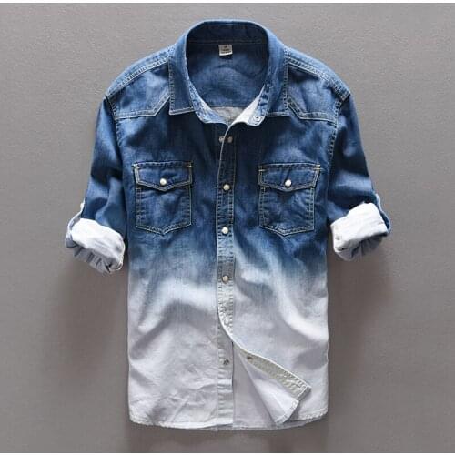 100% Cotton Gradient Blue Jeans shirt men fashion Unique personality denim shirt men Spring long shirts mens