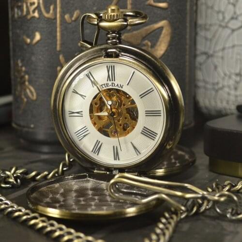 TIEDAN Train Face Antique Luxury Brand Steampunk Necklace Pocket & Fob Watches Chain Male Skeleton Mechanical Pocket Watch Men