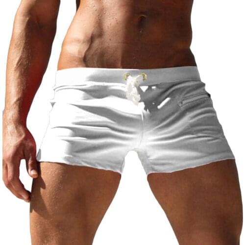 Men Solid Color Swimming Trunks Drawstring Pocket Slim- Fit Beach Shorts Swimwear