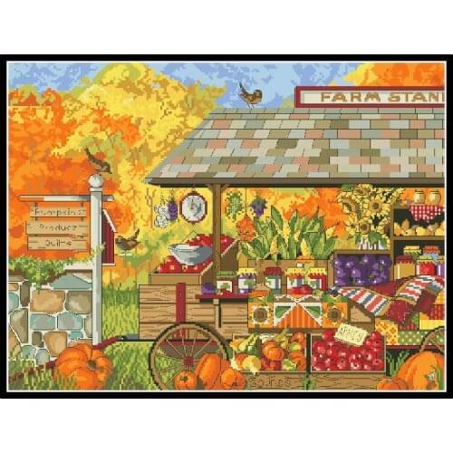 Printed Cross Stitch Kits 11CT Fruit Stand Scenery Embroidery Patterns Needlework Sets 14CT White Canvas DIY Home Decor Painting