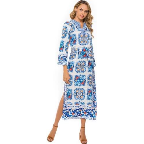 Flower Print Long Sleeve Maxi Dress Spring Autumn Casual Loose Women Split Elegant Robe Party Dresses Evening Dress For Lady XXL