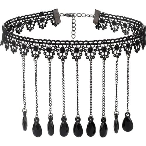 Poputton Punk Black Lace Tattoo Women Choker Necklace Boho Gothic Tassel Choker Necklaces Collar Jewelry