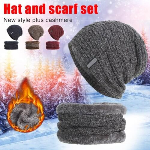 Unisex Retro Horizontal and Vertical Lines Round Beanies Neck Scarf Set Soft Warm Knitted Velvet Cap JL