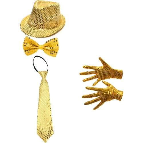 Men Women Children Sequin Jazz Hat Bow Tie Gloves Costume Fancy Dress Birthday Party Gift Performance Jazz Dance Show
