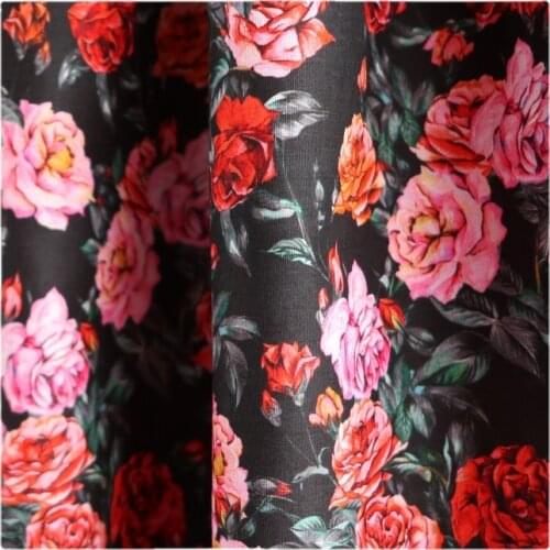 Width 57" High-Density Fashion Red Rose Floral Printed Cotton Fabric By The Half Yard For Dress Shirt Childrens Wear Material