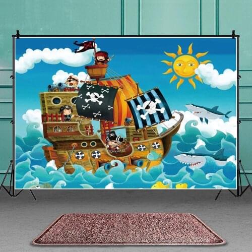 Cartoon Ocean Shark Super Adventurer Pirate Ship Theme Background Boy Birthday Party Decoration Photography Photo Vinyl Backdrop