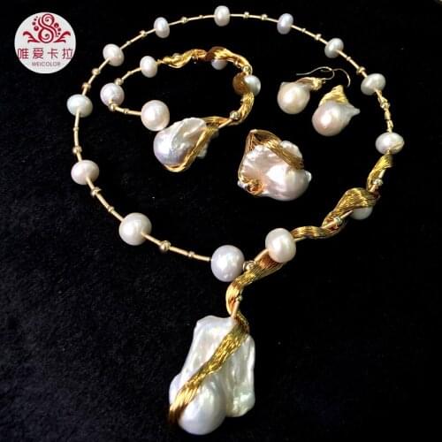 WEICOLOR Most Popular Hand-made Freshwater Pearl Set With Gold Mixed Metal Item Of Best Quality (not loose color)