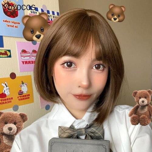 YOYOCOS Light Brown Short Bob Wigs Black Dark Brown Beige 30CM Female Daily Wig Cosplay Party Hair Heat Resistant Sythentic Hair