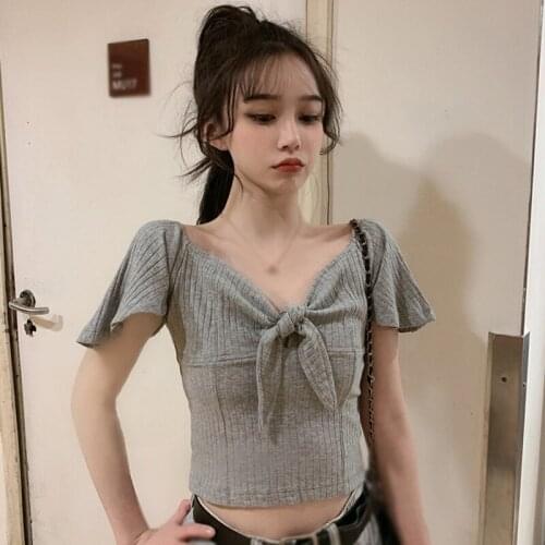 Women V Neck Slim Tee Tops Bow Solid Color Female Exposed Navel Knitted Short Sleeve Short T-Shirt