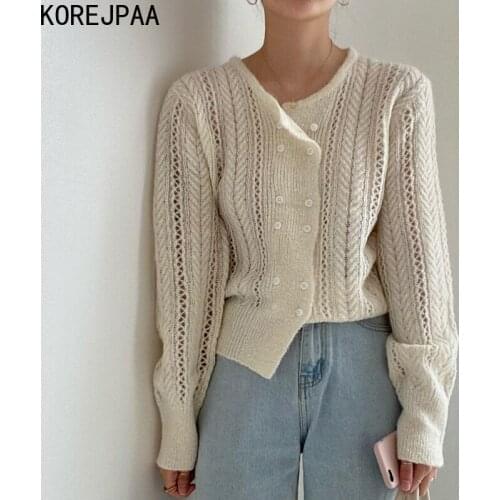 Korejpaa Elegant Hollow Cardigans Women Korea O-neck Double Breasted Hook Flower Long Sleeve Casual Sweater Autumn Fashion