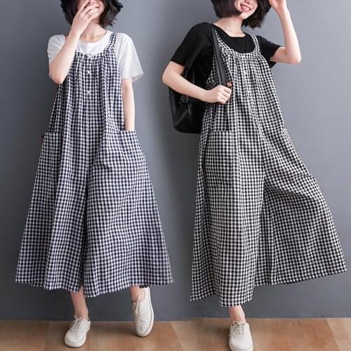 Plaid Fashion Summer Jumpsuits Wide Leg Pants Women Street Wear Clothes Culottes Rompers Cotton Linen Casual Jumpsuit Overalls