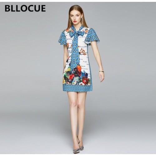 BLLOCUE Summer Fashion Runway Elegant Flower Print Dress Womens Bow Collar Butterfly Sleeve Vintage High Waist Mini Dress