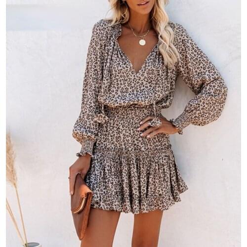 Leopard Print Women V-Neck Ruffles Long Sleeve Dress Polka Dot Dress Elegant Fashion Chic High Waist Dress Dropshipping