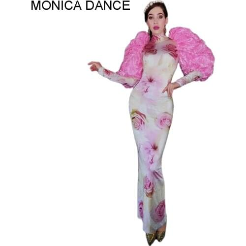 Women Sexy Stage Rose Flower Pattern Puff Sleeve Pink Dress Spandex Stage Wear Birthday Prom Party Outfit Women Dancer Dress