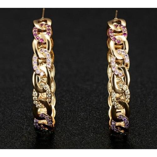 Zlxgirl Luxury Brand Chain shape stud Earrings Cubic Zircon Indian gold earrings for women Wedding Engagement ears couple gift