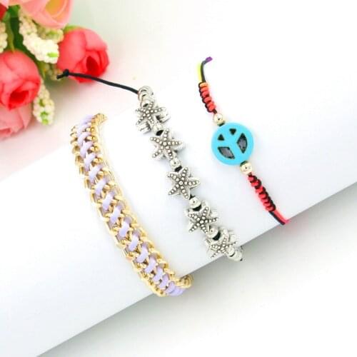 3pcs /Set Fashion Trendy Weave Wrap Strand Women Starfish Peace Logo Gold Chain Bracelets Men Bangles Jewelry