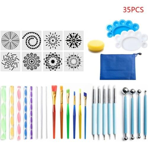 35pcs/set Mandala Dotting Tools for Painting Rock Stone Pen Stencil Brush Tray K3KB