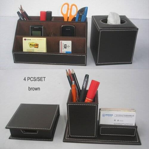 4PCS/set leather office desk organizer accessories organizer writing desk pen holder box mouse pad note case tissue box