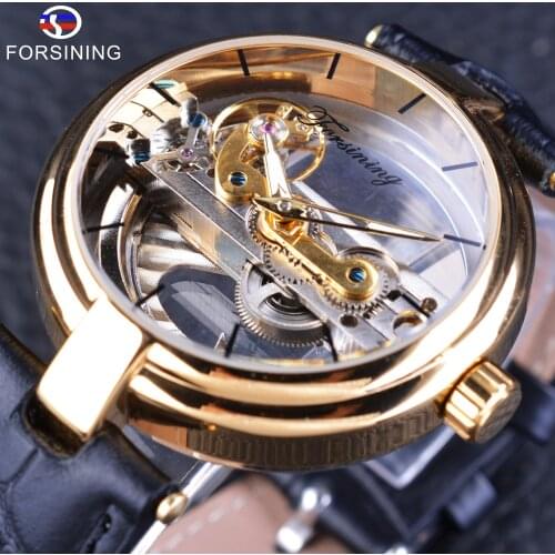 Forsining 2017 New Golden Skeleton Watch Genuine Leather Belt Mens Automatic Watches Top Brand Luxury Water Resistant