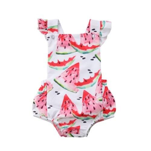 Toddler Baby Girl Kids Watermelon Jumpsuit Bodysuit Flying Sleeves Bodysuits Size 0-18M