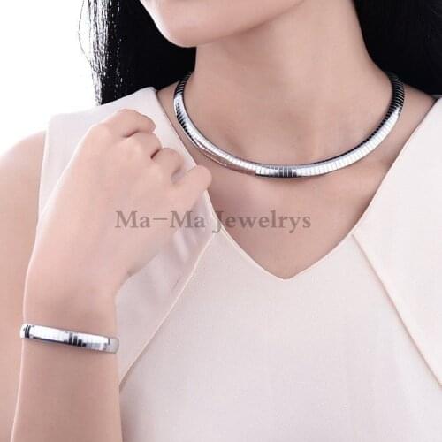 Trendy Women Necklace Bracelet Set Stainless Steel 6mm Link Choker Chain Jewelry Suits For Girls