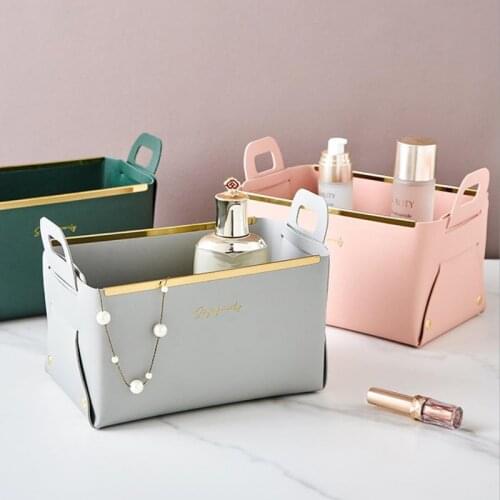 PU Leather Storage Box Jewelry Sundries Makeup Portable Home Room Arrange Bathroom Cosmetics Folding Desktop Storage Organizer