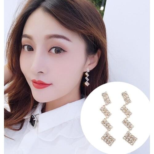 Fashion Geometric Alloy Square Crystal Earrings For Women Korean Pop Simple Statement Metal Stud Jewelry Wholesale