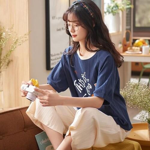 Summer Cotton Women Blue Short Sleeve Pajamas Set Funny Cartoon Letter Sleepwear Sweet Retro Maiden Calf-Length Pants Homewear