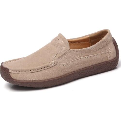 Spring Autumn Women Moccasins Suede Leather Flats Square Toe Comfortable Slip-on Shoes Fall Casual Apricot Loafers Lady