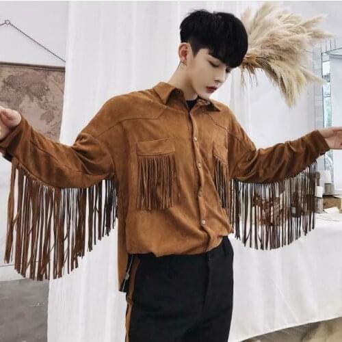 Youth Mens Autumn Fringe Long Sleeve Shirt Jacket Fashion Casual Loose Tops New