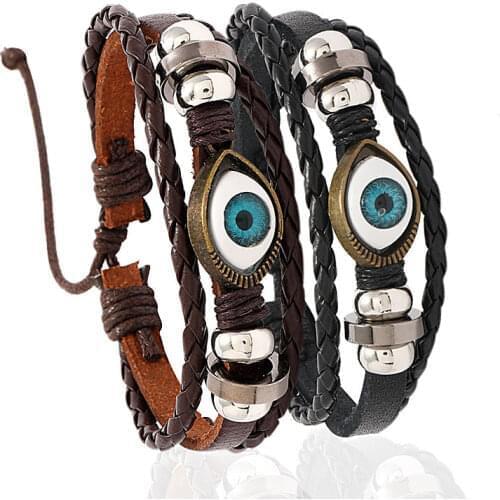 Punk Turkish Evil Eye Bracelets for Men Braided Handmade Hip Hop Leather Charm Wrap Bracelet Wrisband Hand Jewelry Accessories