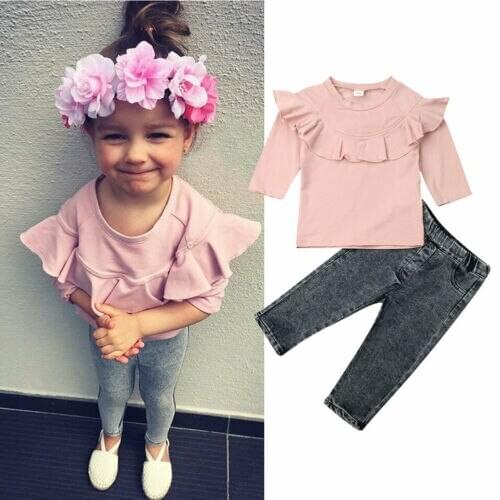 1-6Y Toddler Baby Girl Kids Clothes Sets Pink Ruffle Collar long Sleeve Denim Trousers Pants Clothes