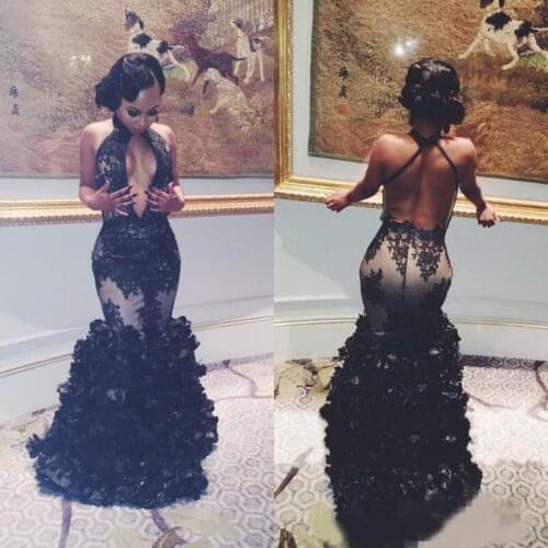 Sexy Black Plus Size 2019 Prom Dresses Backless High-Neck Keyhole Ruffles Mermaid Handmade Flower Sweep Train
