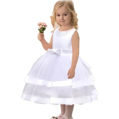 2020 New Childrens Clothing Princess Dress Round Neck Beaded Cake Fluffy Dress Ribbon Flower Girl Wedding Dress