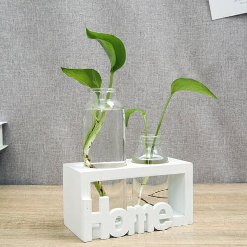 Glass and Wood Vase Planter Terrarium Table Desktop Hydroponics Plant Bonsai Flower Pot Hanging Pots with Wooden Tray Home Decor