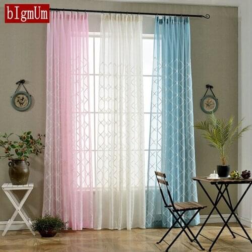 Geometric Embroidered Tulle Sheer Curtains For Living Room Voile Curtains White/Pink/Blue Curtains/Panels Window Screening New