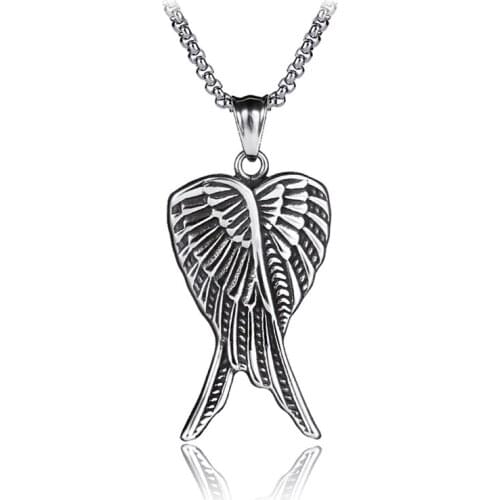 Vintage Ancient Stainless Steel Pendant Angel Wings Necklaces for Women Men Hip Hop Feather Wing with Long Chain Jewelry LN3018