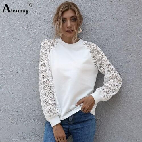 2021 Spring Autumn Patchwork Lace Tops White Eleagnt Leisure Casual Round Neck T-Shirt Women Hollow Out Tees Shirt Femme Clothes