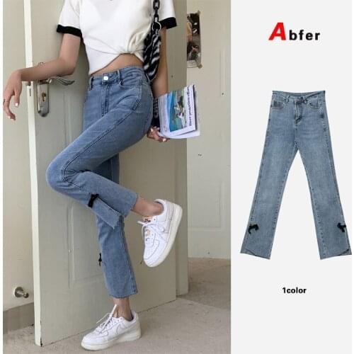 Abfer Plus Size 5xl Womens High Waisted Bow Micro Flared Pants Korean Fashion Stretchable Slit Bootcut Jeans Denim Trousers