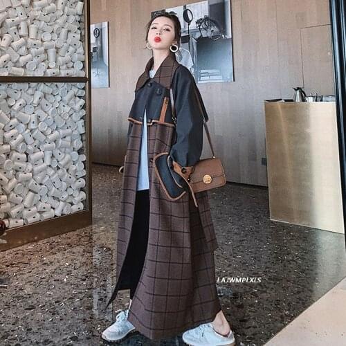 2021 Spring Women Trench Coat Autumn Vintage Double Breasted Loose Casual Splice Plaid Long Windbreaker Female Elegant Overcoat