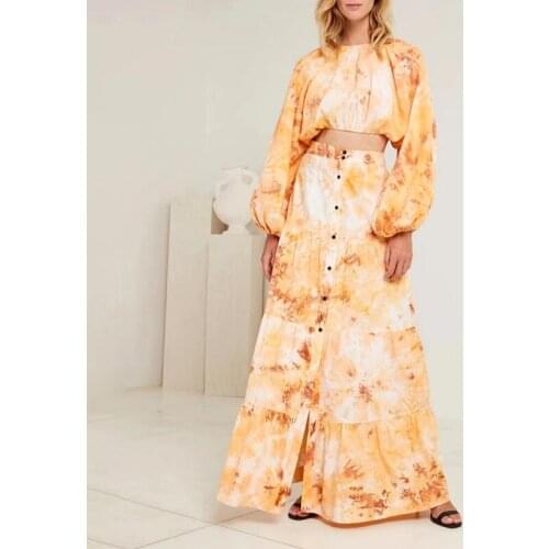 Donsignet 2021 Summer New Womens Skirt Suit O-Neck Lantern Sleeve Tie Dye Top High Waist Long Length Swing Skirt Two-piece Suit